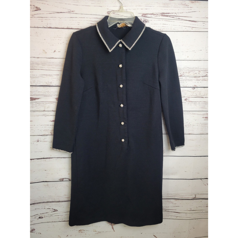 Vtg 1960s Butte Knit Wool Dress Union Made Black Rhinestone Stud Buttons‎ Medium